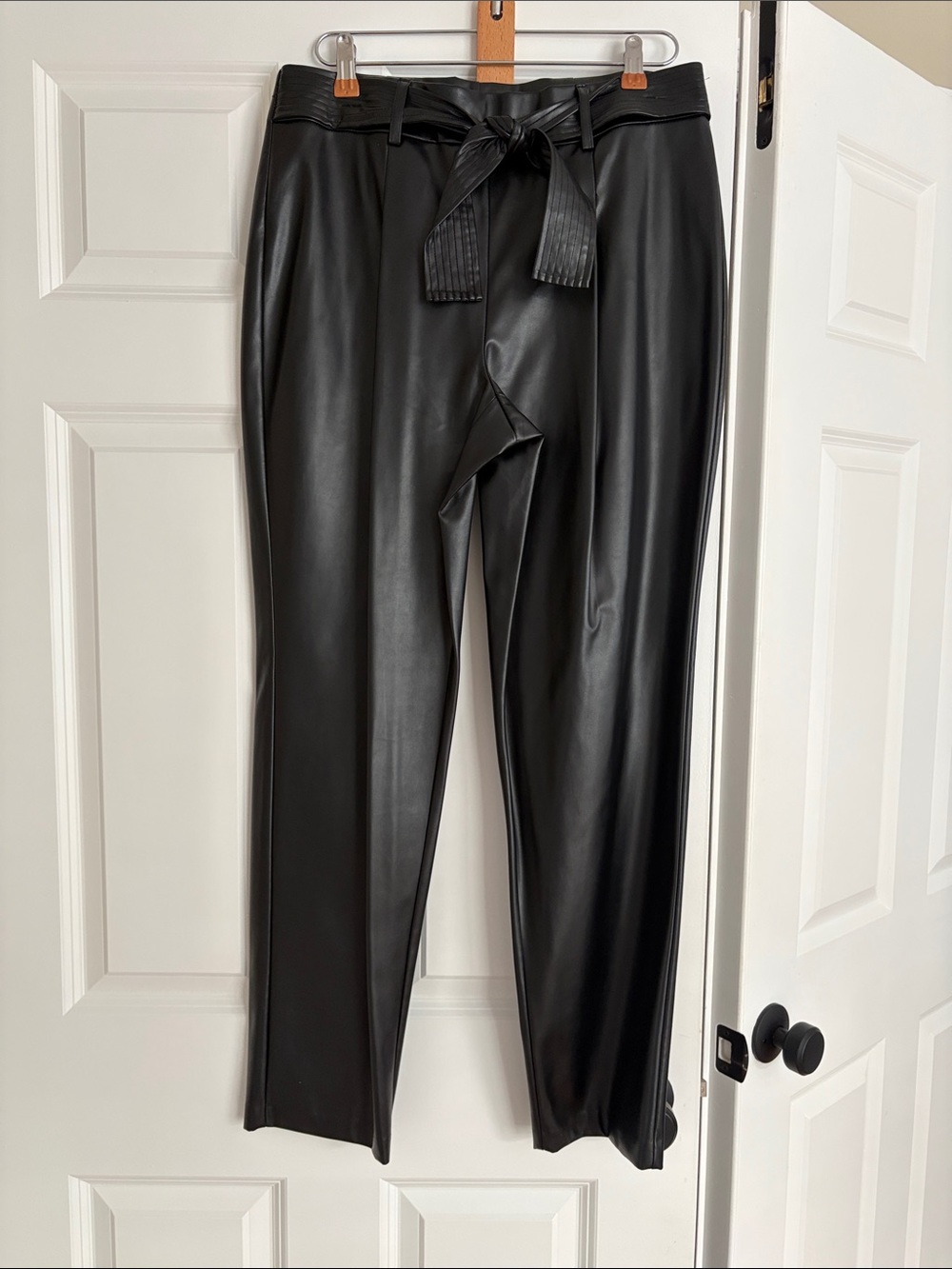 Faux Leather Paperbag Waist Pants - Black